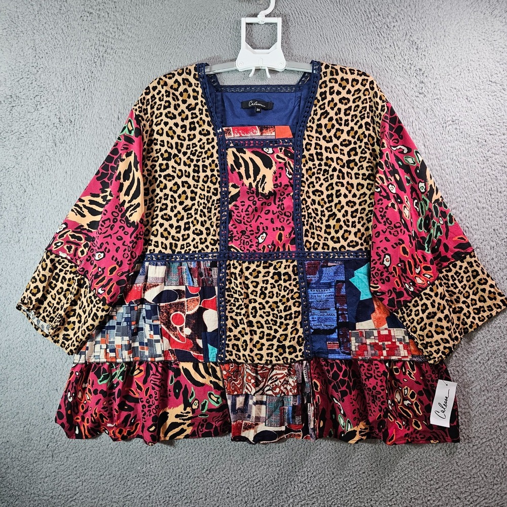 $79 NEW Calessa Top Blouse Women 3X Patchwork‎ Lined Colorful Print Square Neck